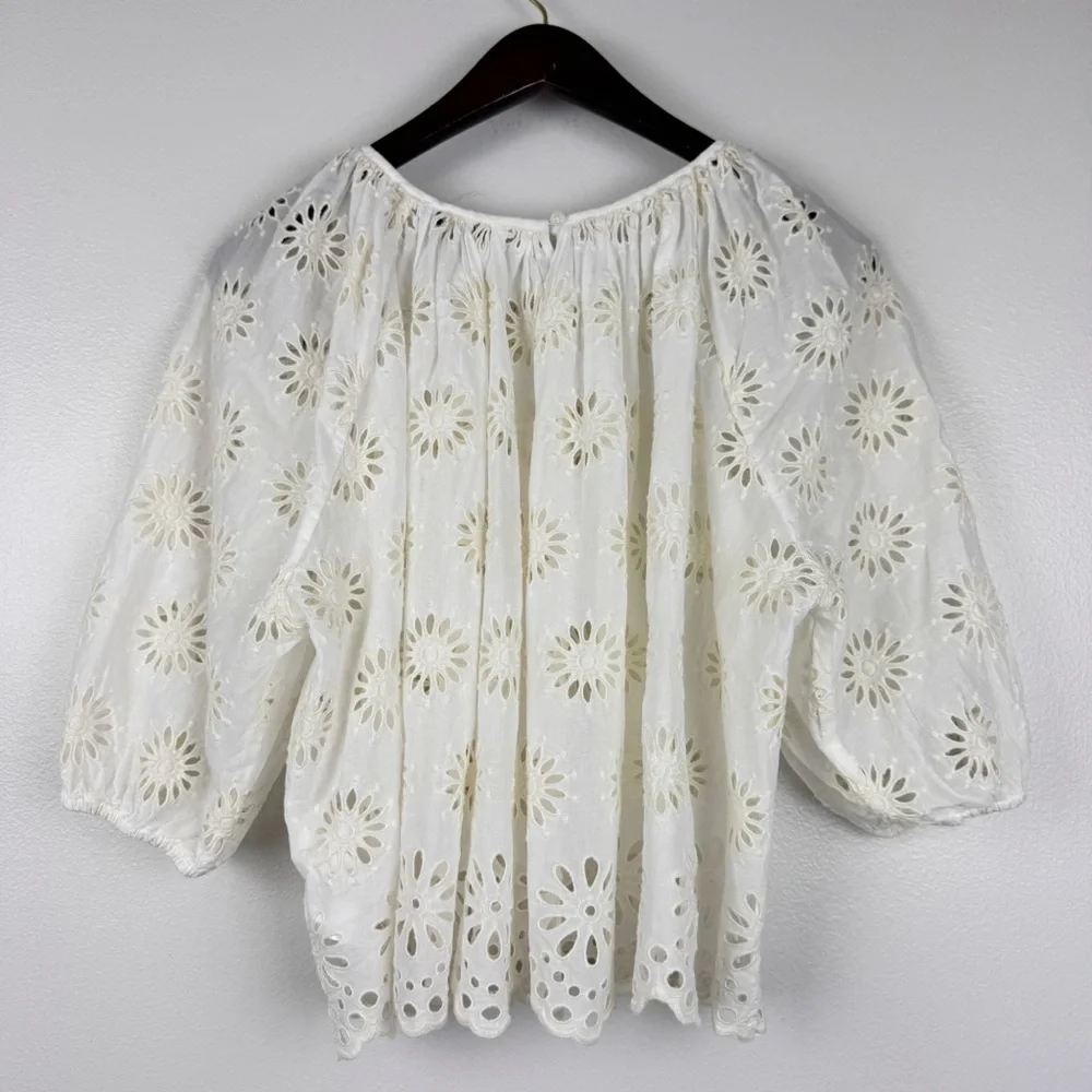 Madewell Embroidered Floral Cutouts Shirred Puff-Sleeve Top Cream Size S NWT